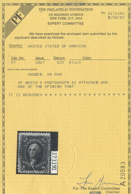 US Scott #97 Mint, FVF, No Gum, PFC