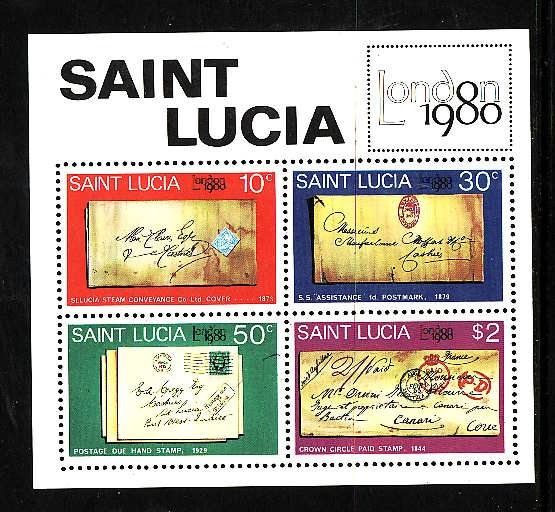 St Lucia-Sc#490a-unused NH sheet-London Stamp Exhibition-Stamp on Stamp-1980-