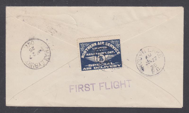 Canada Sc CL5, 109 on 1925 NORTHERN FIRST FLIGHT cover, ROUYN LAKE to HAILEYBURY