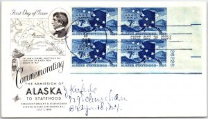 U.S. FIRST DAY COVER C53 ADMISSION OF ALASKA TO STATEHOOD PLATE BL (4) 1959