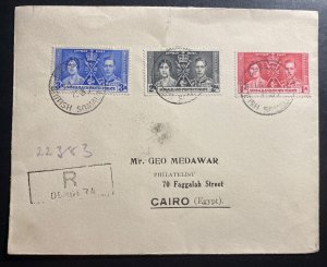 1937 Berbera Somaliland Registered Cover To Cairo Egypt King George VI Stamps