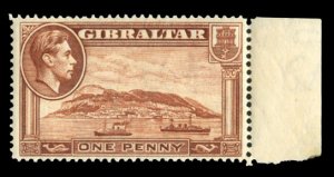 Gibraltar #108a (SG 122) Cat£29, 1938-49 1p chestnut, perf. 14, sheet margin...