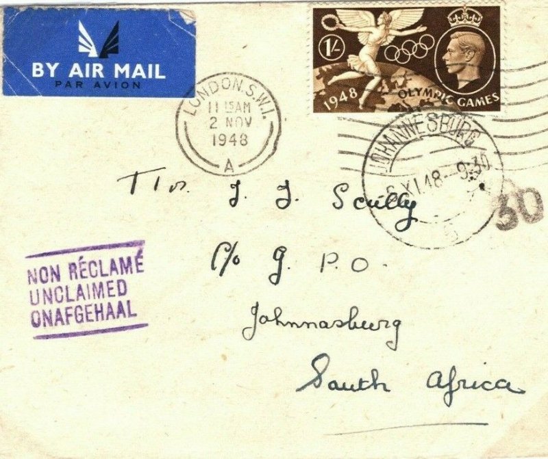 GB Cover London Air Mail SUPER USAGE OLYMPICS 1s South Africa 1948{samwells}6.1
