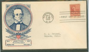 US 815 1938 10c John Tyler (single) part of the Presidential/Prexy Series on an addressed (typed) FDC with a Washington Stamp Ex