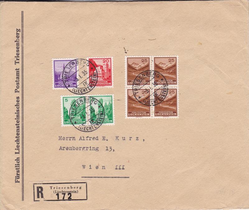 Liechtenstein 1935 25r Saminatal Zum. 110 + 109 FDI Block of Four  Large Cover.