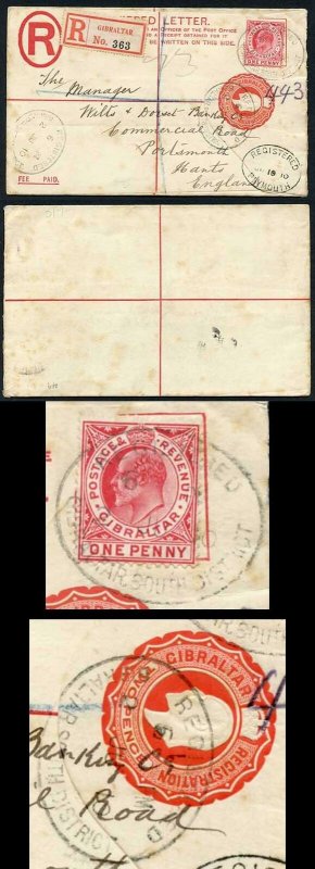 Gibraltar KEVII 2d red registered P/S envelope (size G) uprated to England