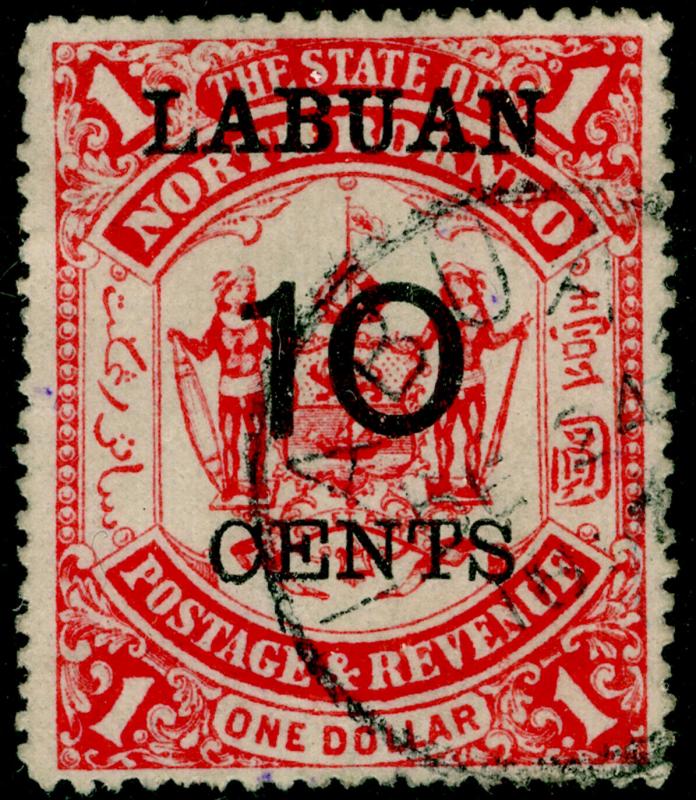 LABUAN SG76, 10c on $1 scarlet, USED.