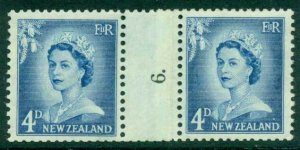 New Zealand 1958 QEII Redrawn 4d Ultramarine Coil Join #6 Upwards MH/MUH Lot2...