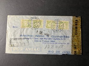 1943 Registered Censored Portugal Airmail Cover Porto to Rio de Janeiro Brazil