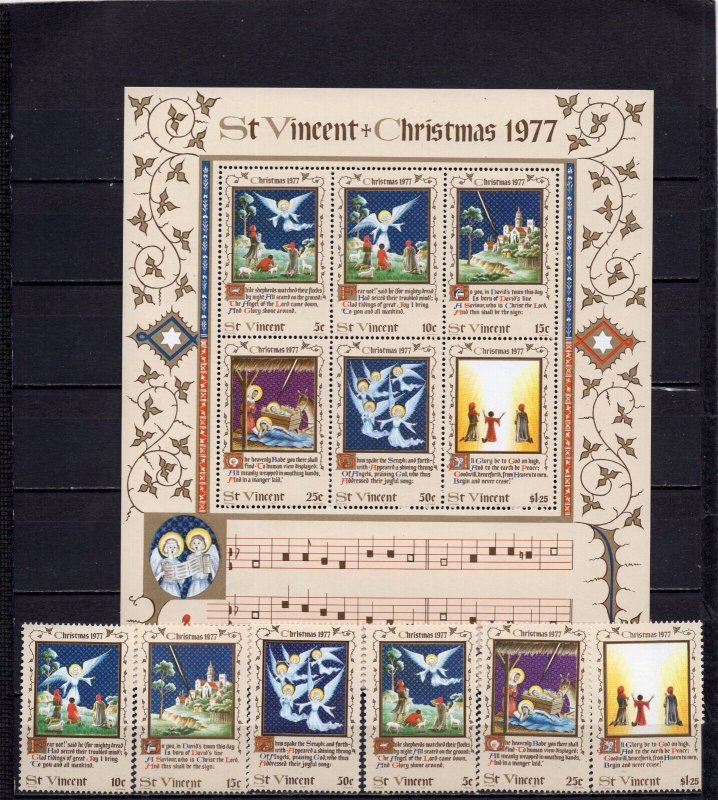 ST.VINCENT 1977 CHRISTMAS PAINTINGS SET OF 6 STAMPS & S/S MNH
