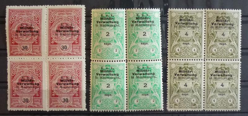 WWI AUSTRIA - MONTENEGRO -REVENUE STAMPS (MNH) - 3 BLOCKS OF 4 R! yugoslavia J23