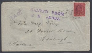 Lagos/Nigeria, 1907 Salved from S.S. Jebba ship crash handstamp to Scotland