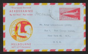 AUSTRALIA ANTARCTICA Aerogramme 10d Airplane World Power 1962 Macquarie to USA!