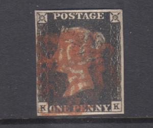 Great Britain Sc 1 used. 1840 Penny Black, corner letters K-K, sound, Plate 8