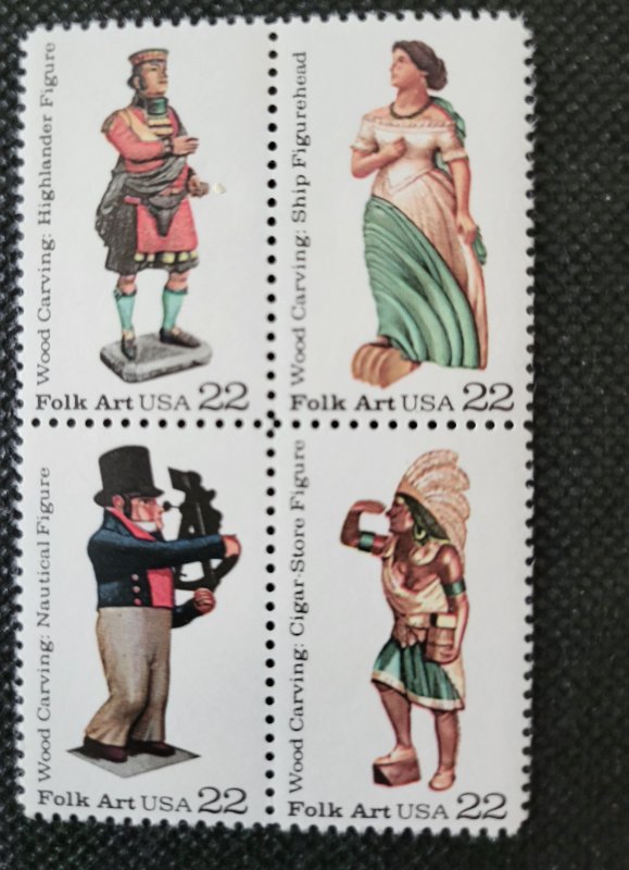 USA, 1986, Folk Art carvings, #2240-43, block of 4,MNH, SCV$2.00
