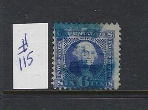 US #115-  WASHINGTON- 1869 6 CENTS (ULTRAMARINE) PERF 12-GRILL   - USED