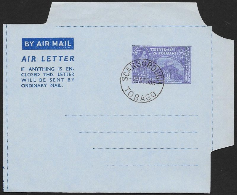 TRINIDAD & TOBAGO Aerogramme 12¢ Queen & Building 1953 Scarborough cancel!