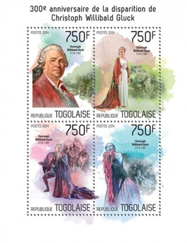 Togo - 2014 Composer Christoph Willibald Gluck - 4 Stamp Sheet 20H-880