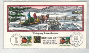 1987 CHRISTMAS COLLINS HANDPAINTED FDC HORSE & SLED DUAL & BIG PINE CALIFORNIA