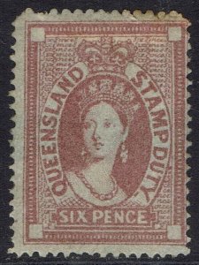 QUEENSLAND 1871 QV STAMP DUTY 6D RED BROWN NO WMK BLUE BAND