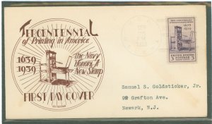 US 857 1939 3c tercentennial of the printing press in america, single on an addressed, typed fdc with a george norman cachet and