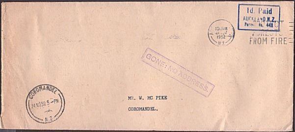 NEW ZEALAND 1952 cover to Coromandel : GONE NO ADDRESS