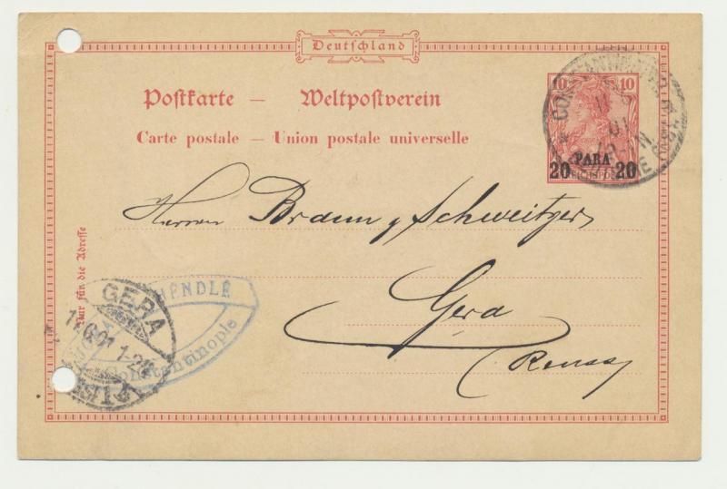 GERMAN OFFICES IN TURKISH EMPIRE 1901 20pa CARD CONTSTANTINOPLE-GERA (SEE BELOW