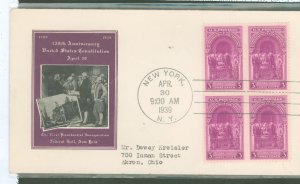 US 854 1939 Washington Inauguration sesquicentennial bl of 4 on an addressed (typed) FDC with an Ioor cachet