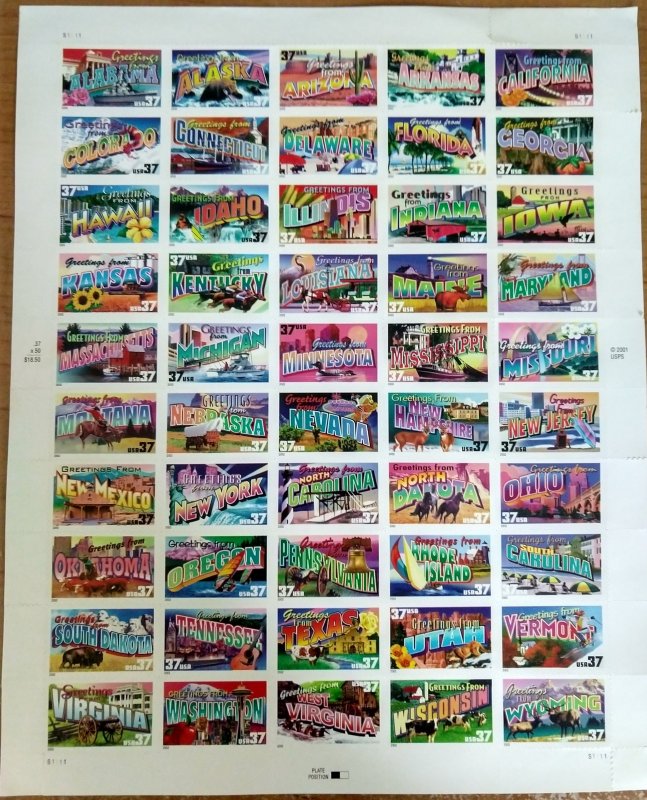 US #3610a 37c Greetings from America MNH sheet of 50 plate #S1111 (2002)