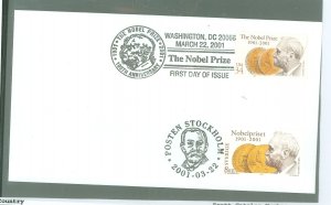 US 3504 Nobel Prize Centenary duo 1st day cancels with Swedens #2415 unaddressed.