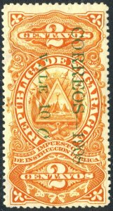 Nicaragua 1908 10¢/2¢ Education Overprint Scott 229 Mint F319