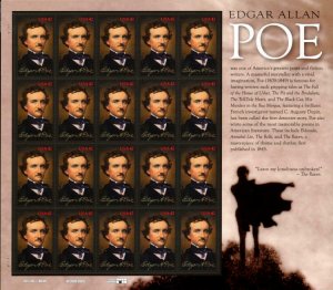 2009 42c Edgar Allan Poe, American Author, The Raven Scott 4377 Mint Sheet of 20