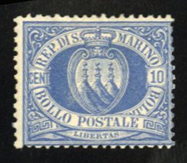 San Marino #7 Cat$350, 1877 10c ultramarine, unused (regummed)