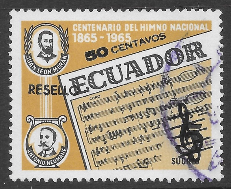 Ecuador Scott 766C Used, 50s on 5s Surcharged National Anthem issue of 1968