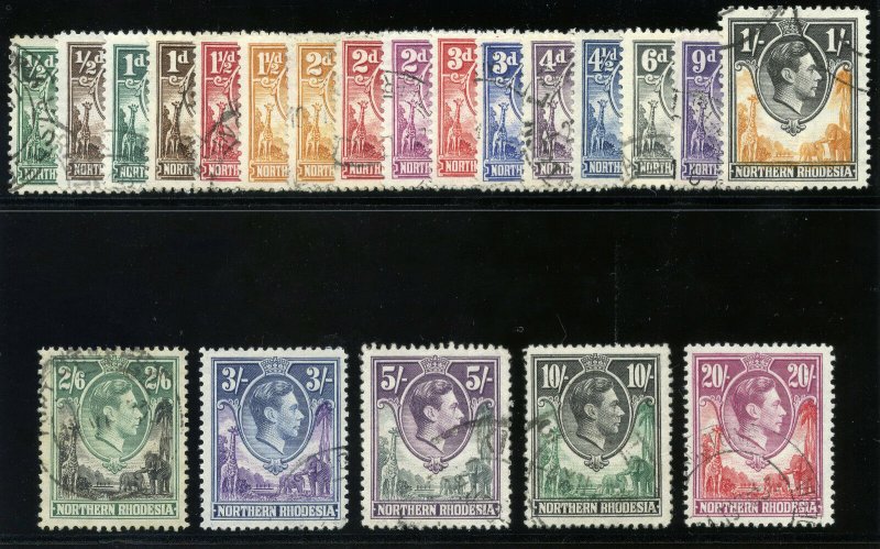 Northern Rhodesia 1938 KGVI set complete very fine used. SG 25-45. Sc 25-45.