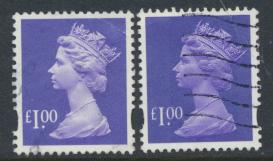 Great Britain SG Y1743 SC# MH279 Machin £1 Used x2  Bluish Violet see phosph...