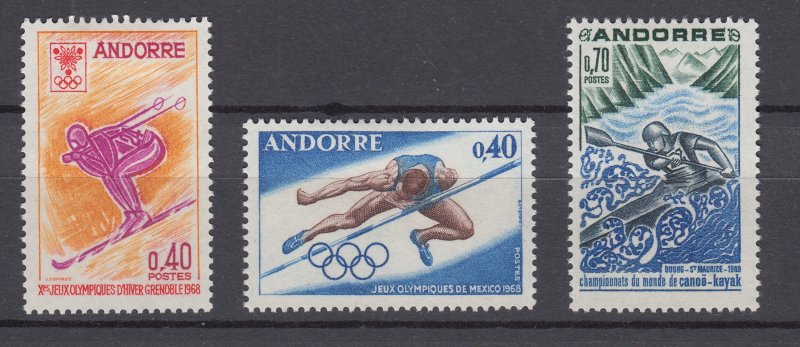 J29139, 1968-9  france andorra sets of 1 mh #181,184,190 sports