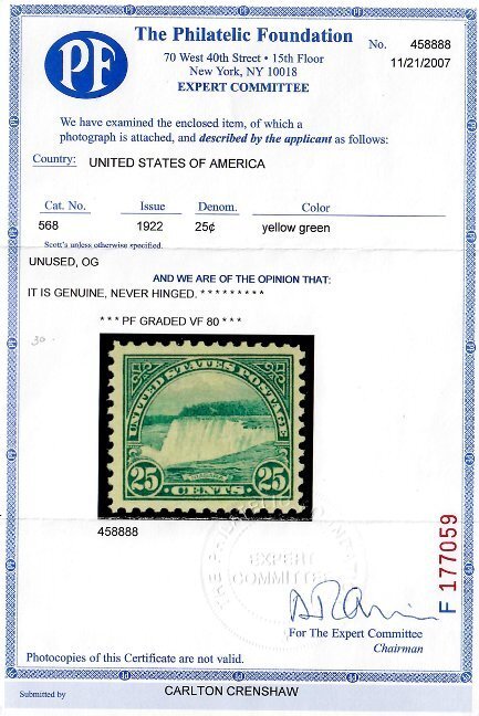 #568 Single, NH, PF Cert, Grade 80, SMQ $45