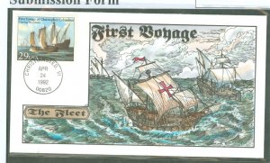 US 2621 1992 29c Columbus Fleet Part of the 4 stamps Series on an unaddressed FDC with a Collin's Hand-Colored Cachet