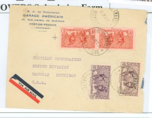 Martinique 159/169/170 1937 172 on cover. Roughly opened on right