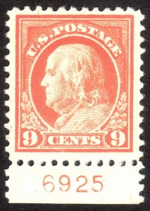 1917, US 9c, Franklin, MH, Plate 6925, Durland $150, Sc 509