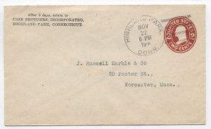 1916 Highland Park CT 4-bar on 2 cent stamped envelope [H.3407]