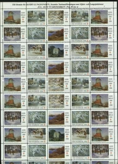 Sweden Christmas Seal 1989/90 MNH Full Sheet Folded. Paintings