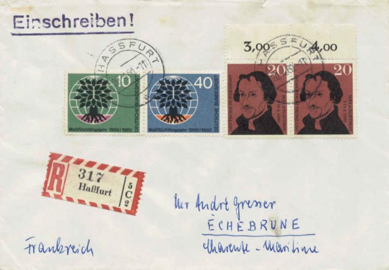 Germany 20pf Melanchthon (2) with 10pf and 40pf World Refugee Year 1960 (13a)...