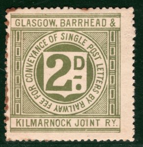 GB SCOTLAND RAILWAY 2d Letter Stamp GLASGOW BARRHEAD KILMARNOCK (1891) Mint BRW3