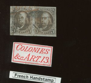 1 Franklin Used Pair with Red Boxed French Handstamp Cancel & PF Cert (Bz 441)