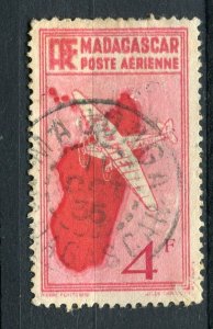 FRENCH COLONIES; MADAGASCAR early 1930s Airmail issue used 4F. POSTMARK