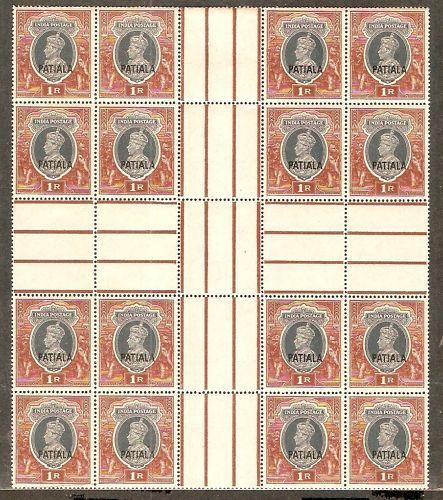 India PATIALA State 1Re KG VI Gutter Cross BLK/4 SG102 Cat £256 MNH