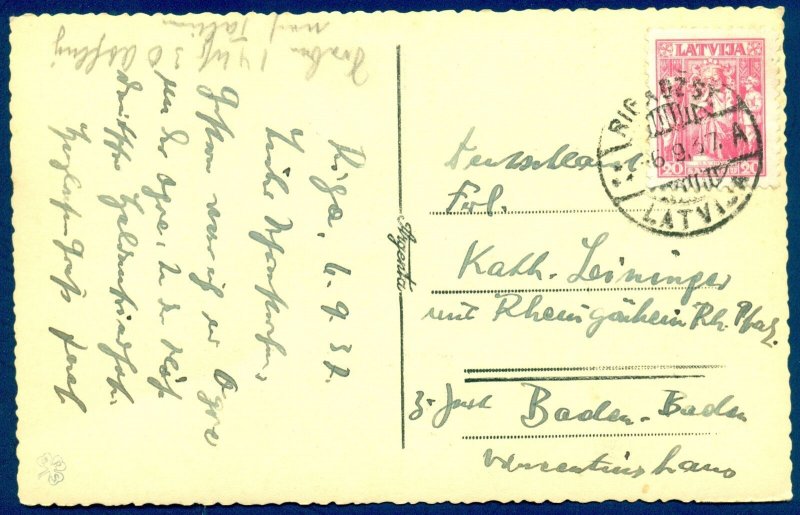 LATVIA: 1937 PC w/Riga Railroad Station Cancel; 20 Sant Franking to Germany Ogre 