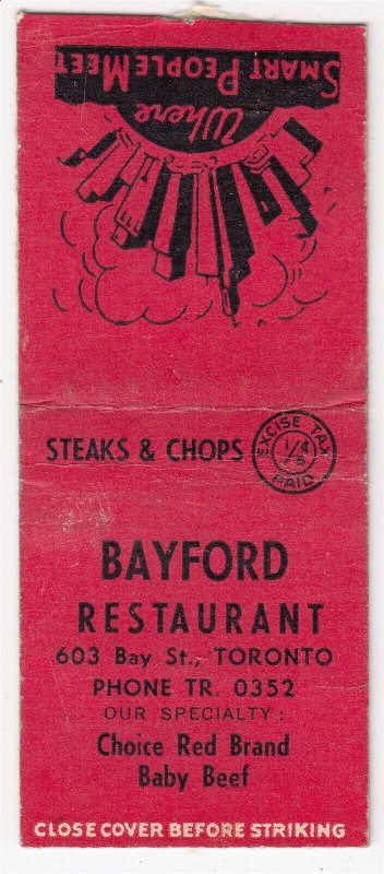 Canada Revenue 1/5¢ Excise Tax Matchbook BAYFORD RESTAURANT Toronto